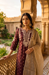 Maroon Yarn Dyed Thread Embroidered Chanderi Straight Kurta with Trousers and Dupatta Set