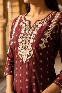 Maroon Yarn Dyed Thread Embroidered Chanderi Straight Kurta with Trousers and Dupatta Set