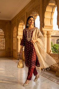 Maroon Yarn Dyed Thread Embroidered Chanderi Straight Kurta with Trousers and Dupatta Set