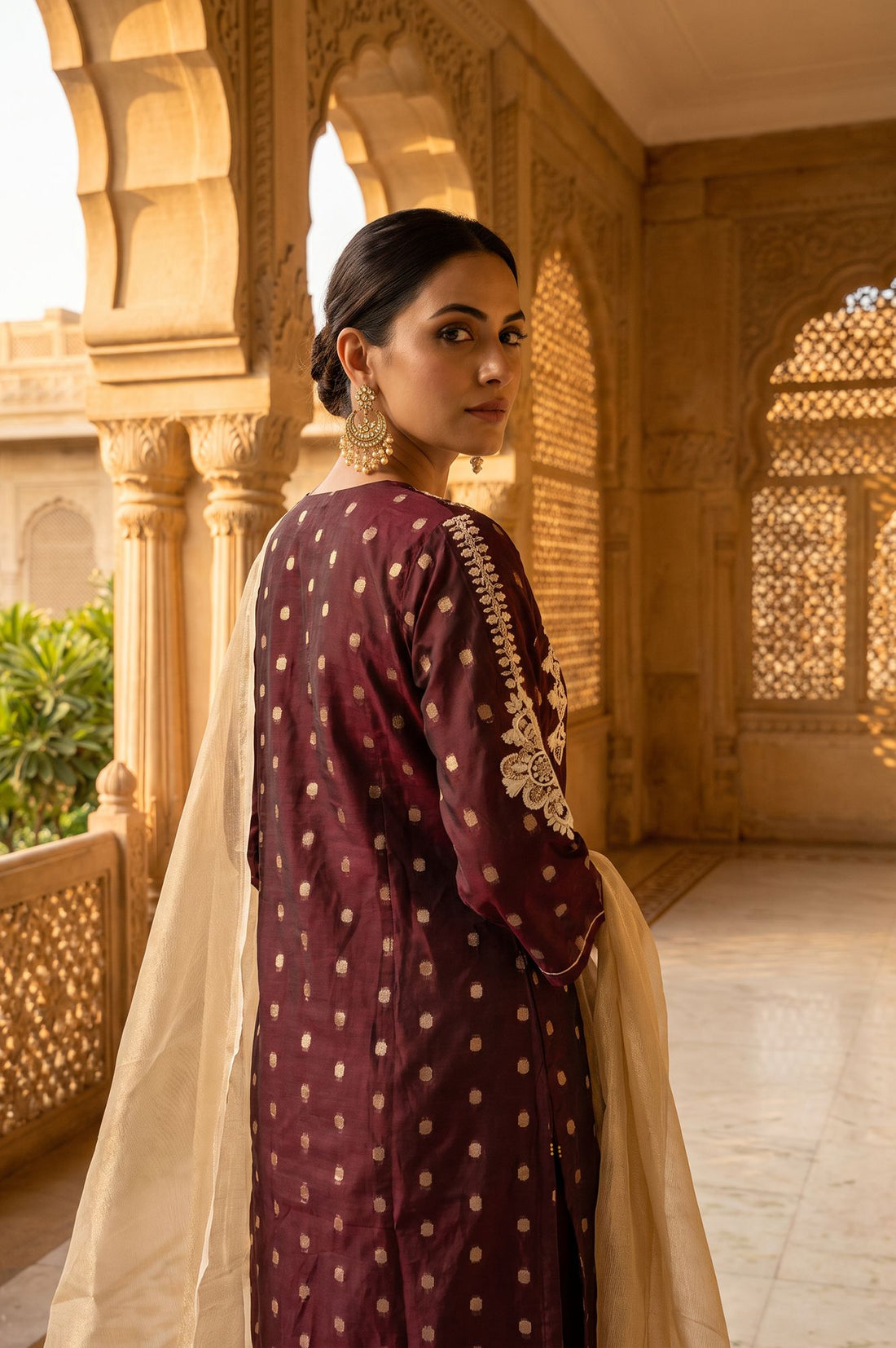Maroon Yarn Dyed Thread Embroidered Chanderi Straight Kurta with Trousers and Dupatta Set