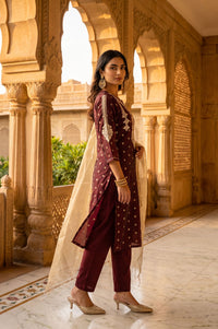 Maroon Yarn Dyed Thread Embroidered Chanderi Straight Kurta with Trousers and Dupatta Set