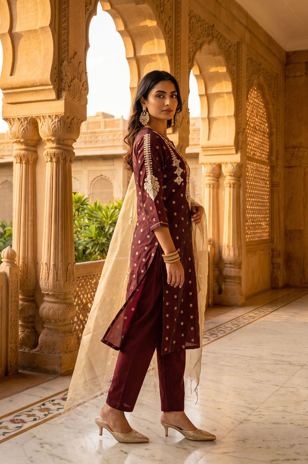 Maroon Yarn Dyed Thread Embroidered Chanderi Straight Kurta with Trousers and Dupatta Set