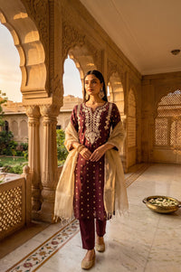 Maroon Yarn Dyed Thread Embroidered Chanderi Straight Kurta with Trousers and Dupatta Set