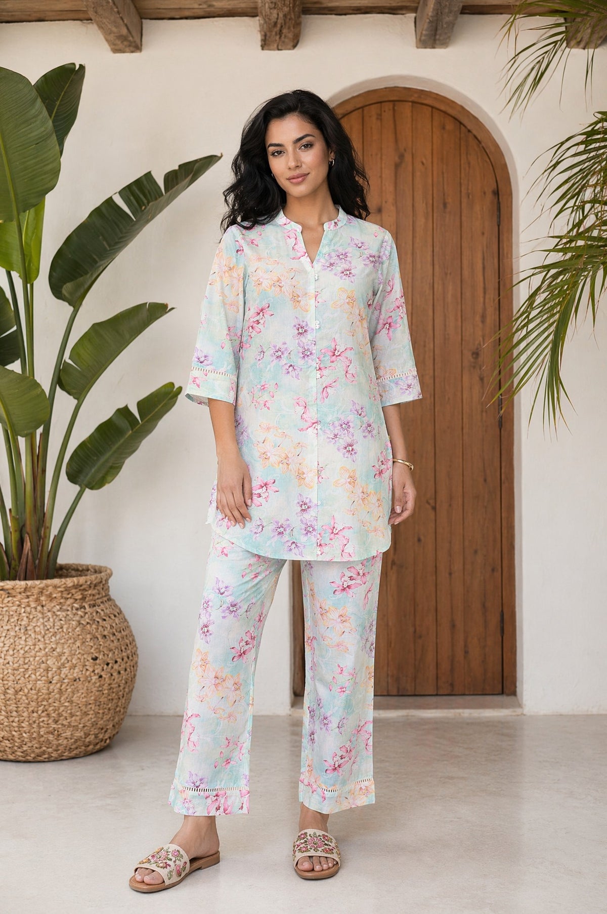 Blue Floral Printed Pure Cotton Straight Kurta with Palazzo Co-ord Set - S
