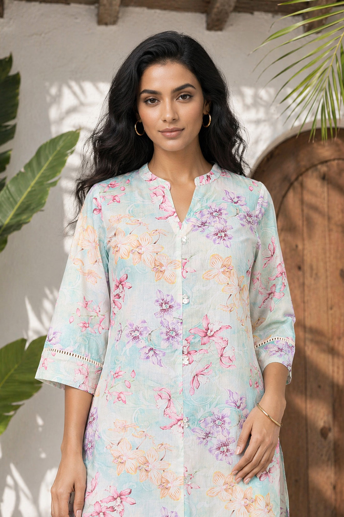 Blue Floral Printed Pure Cotton Straight Kurta with Palazzo Co-ord Set