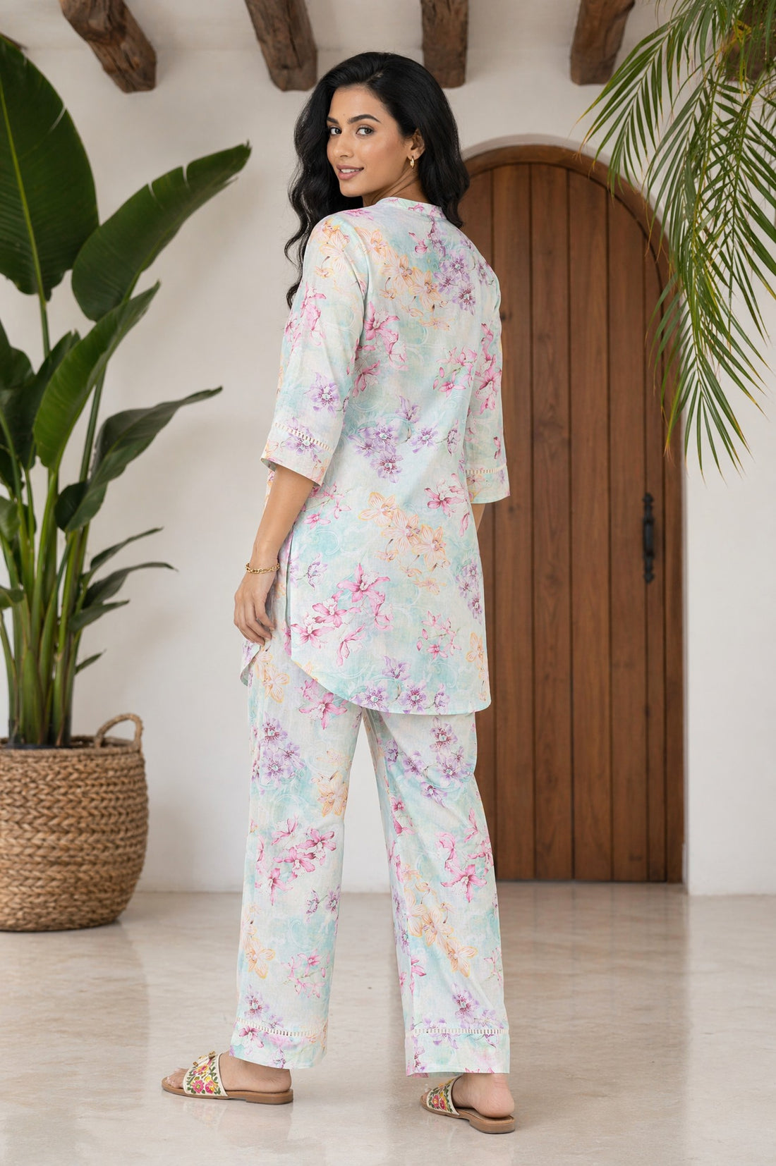 Blue Floral Printed Pure Cotton Straight Kurta with Palazzo Co-ord Set
