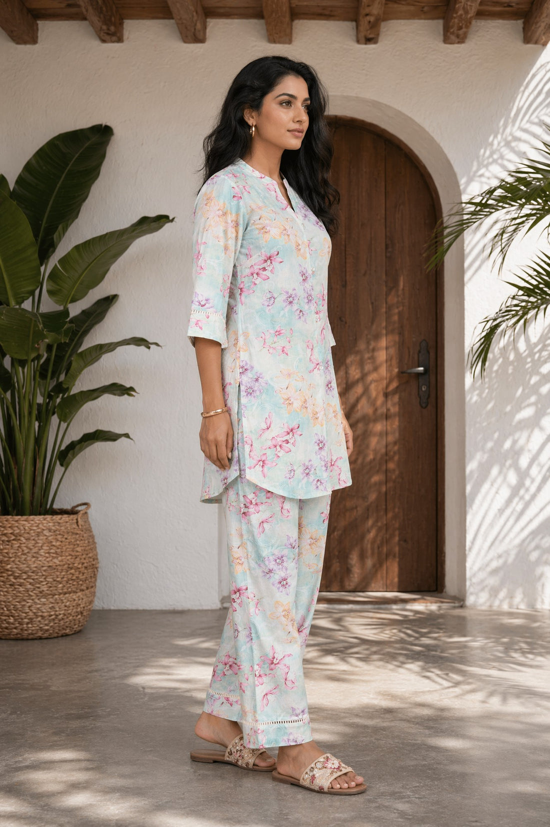 Blue Floral Printed Pure Cotton Straight Kurta with Palazzo Co-ord Set