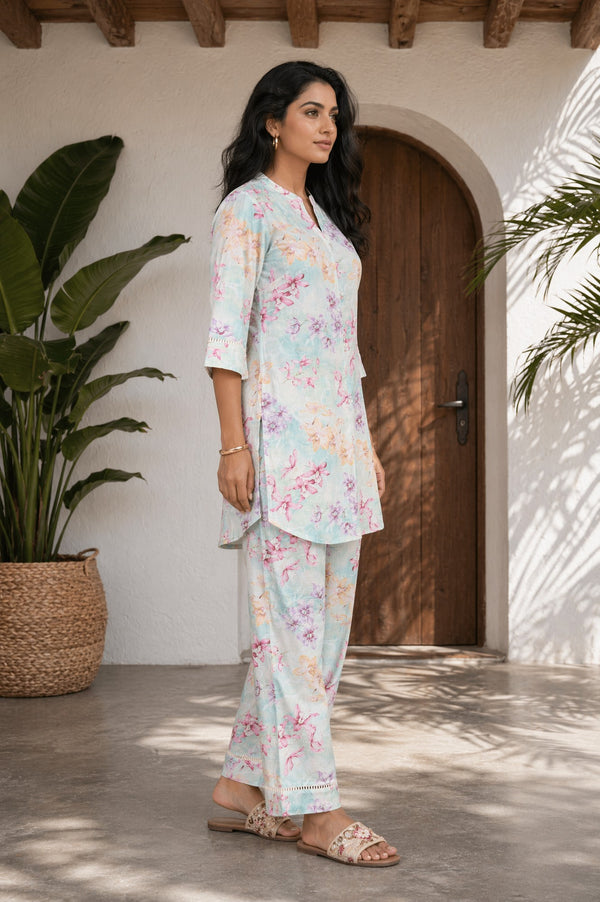 Blue Floral Printed Pure Cotton Straight Kurta with Palazzo Co-ord Set