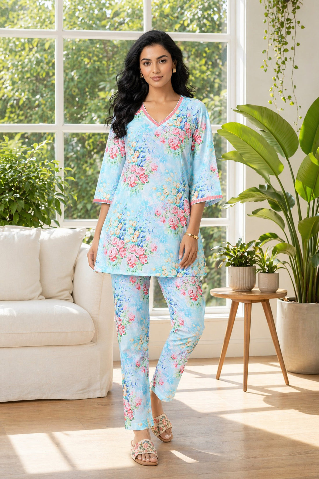 Blue Floral Printed Pure Cotton Straight Kurta with Trousers Co-ord Set