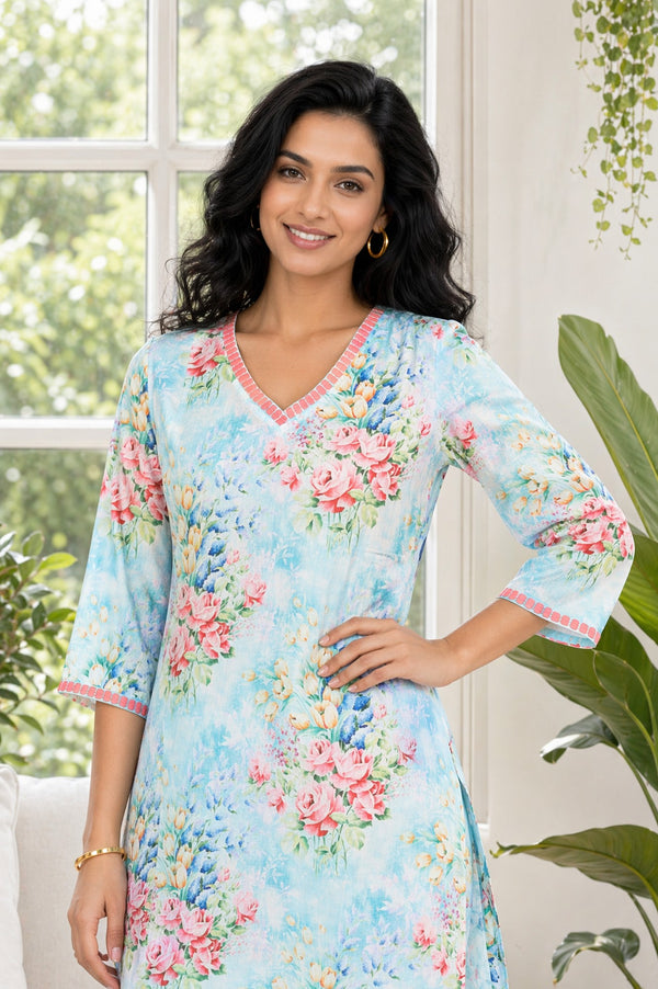 Blue Floral Printed Pure Cotton Straight Kurta with Trousers Co-ord Set