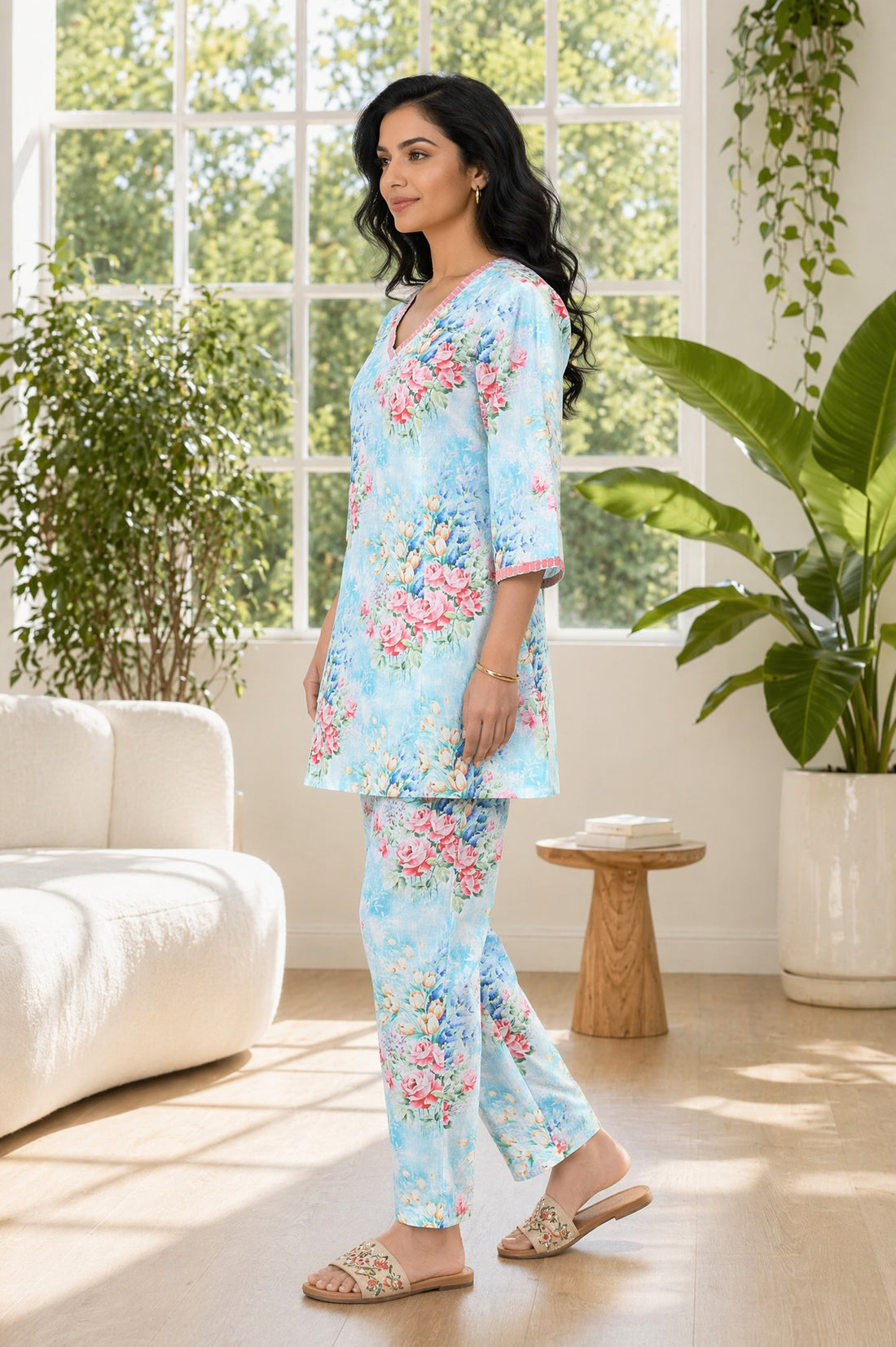 Blue Floral Printed Pure Cotton Straight Kurta with Trousers Co-ord Set