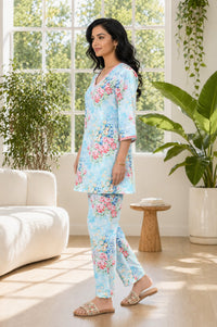 Blue Floral Printed Pure Cotton Straight Kurta with Trousers Co-ord Set