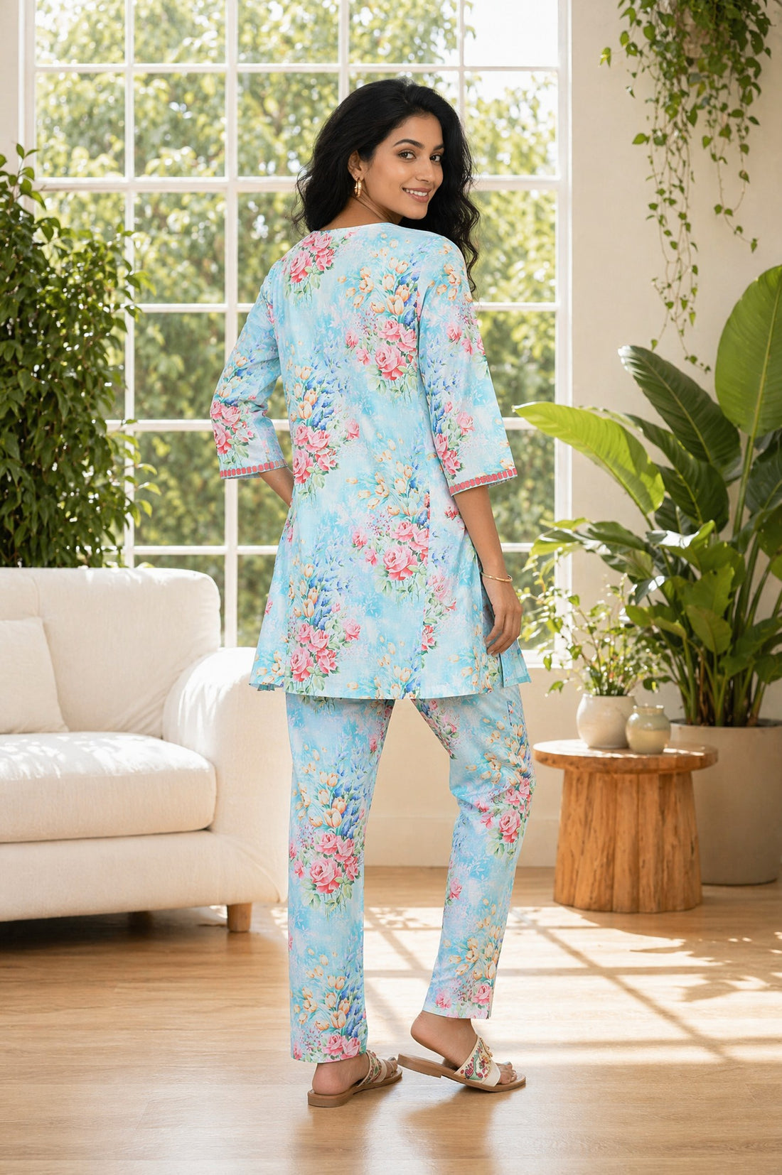 Blue Floral Printed Pure Cotton Straight Kurta with Trousers Co-ord Set