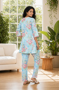 Blue Floral Printed Pure Cotton Straight Kurta with Trousers Co-ord Set