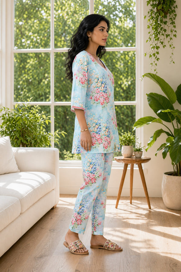 Blue Floral Printed Pure Cotton Straight Kurta with Trousers Co-ord Set