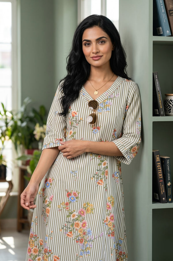 White Floral Printed Rayon Straight Kurta With Trousers Co-ord Set