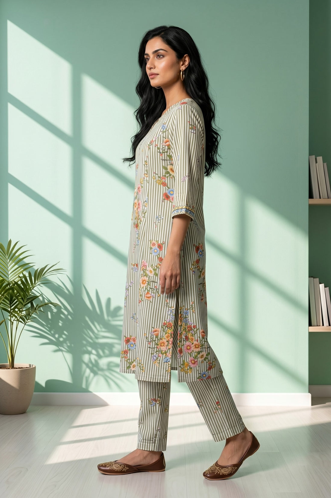 White Floral Printed Rayon Straight Kurta With Trousers Co-ord Set