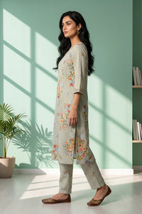 White Floral Printed Rayon Straight Kurta With Trousers Co-ord Set