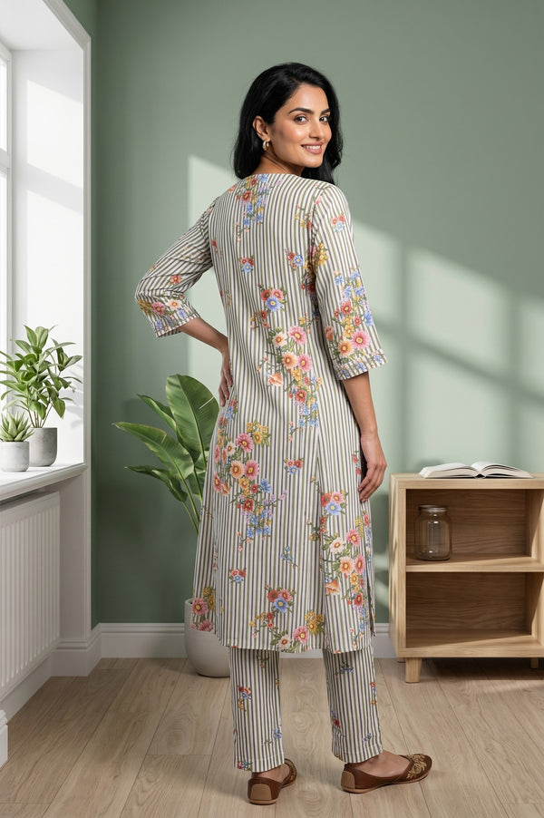 White Floral Printed Rayon Straight Kurta With Trousers Co-ord Set