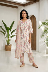 Cream Floral Printed Cotton Blend Straight Kurta With Palazzo And Dupatta Set