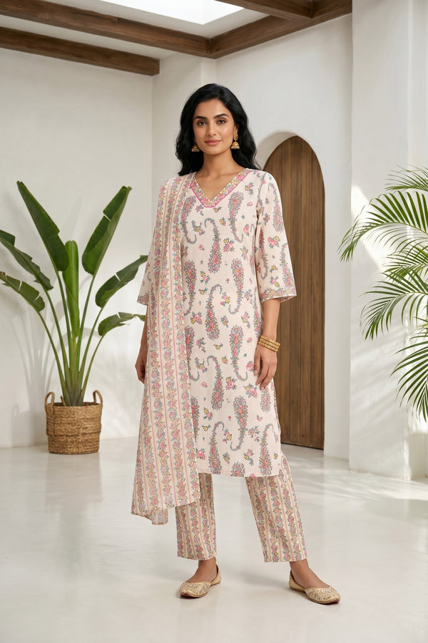 Cream Floral Printed Cotton Blend Straight Kurta With Palazzo And Dupatta Set