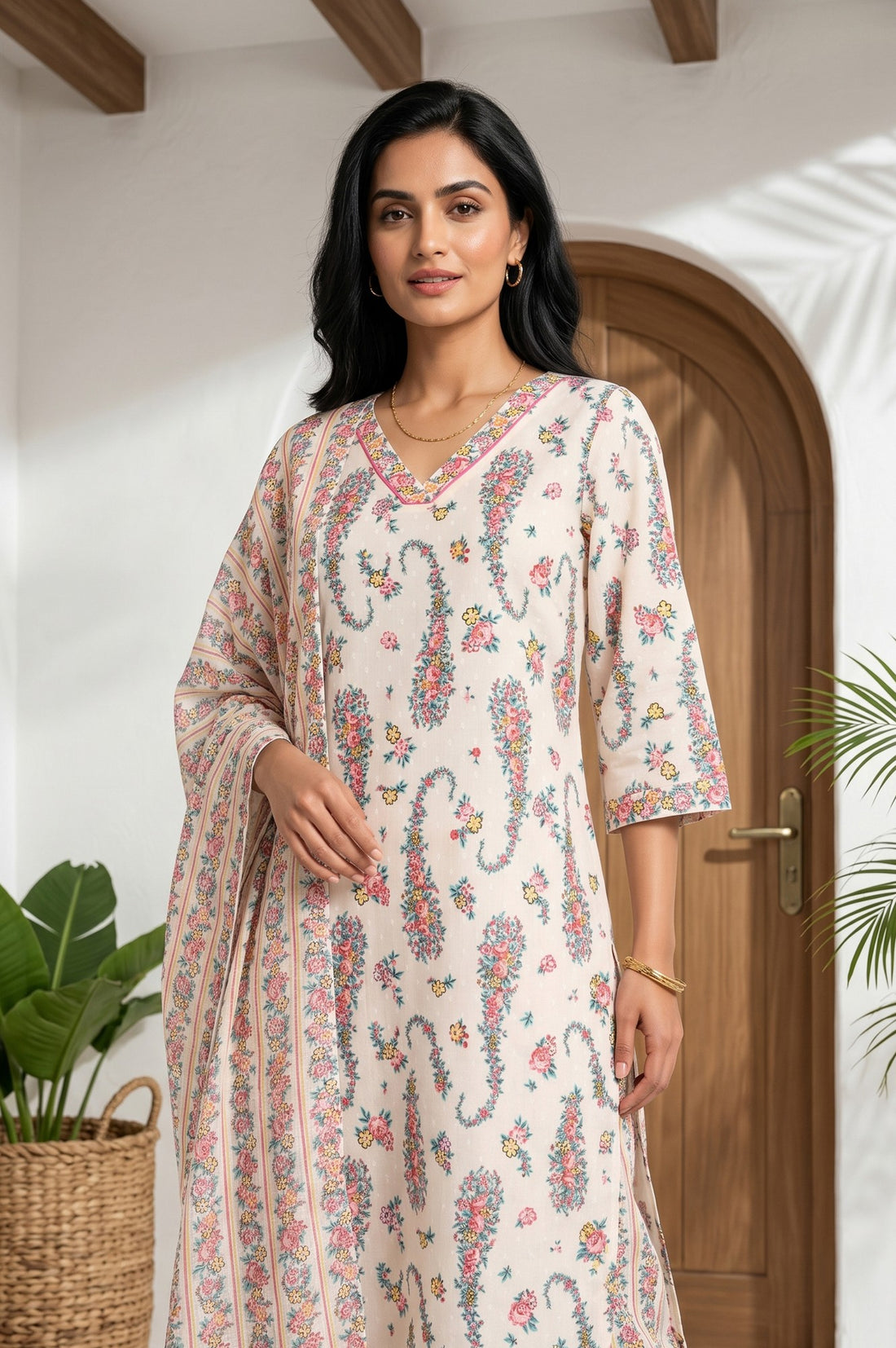 Cream Floral Printed Cotton Blend Straight Kurta With Palazzo And Dupatta Set