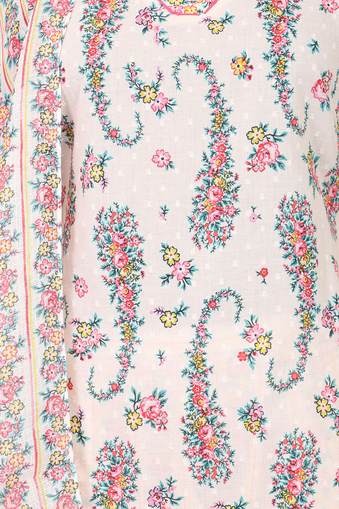 Cream Floral Printed Cotton Blend Straight Kurta With Palazzo And Dupatta Set