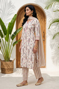Cream Floral Printed Cotton Blend Straight Kurta With Palazzo And Dupatta Set