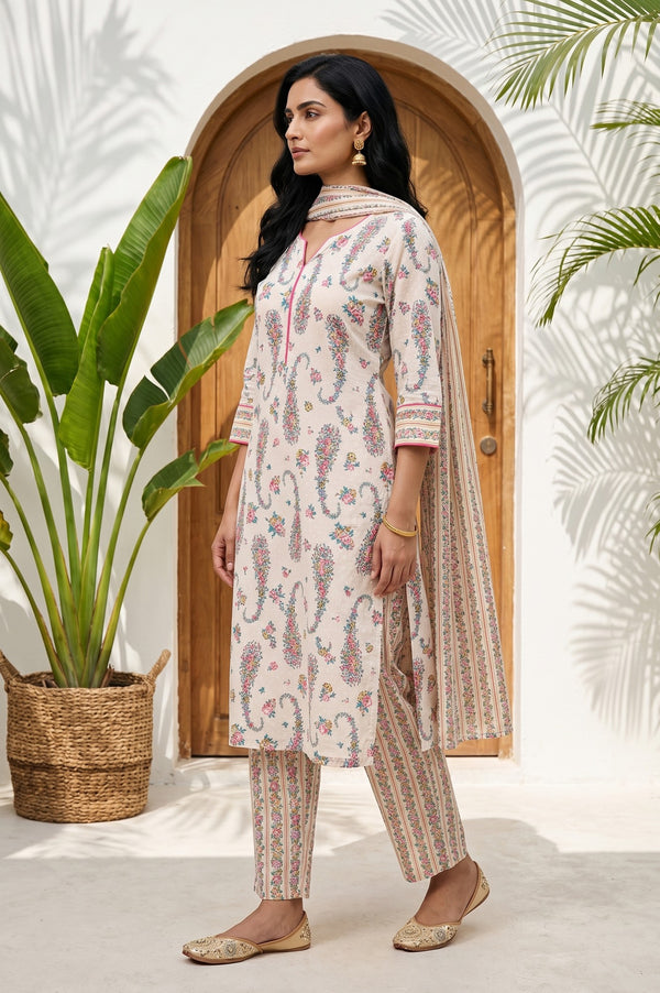 Cream Floral Printed Cotton Blend Straight Kurta With Palazzo And Dupatta Set