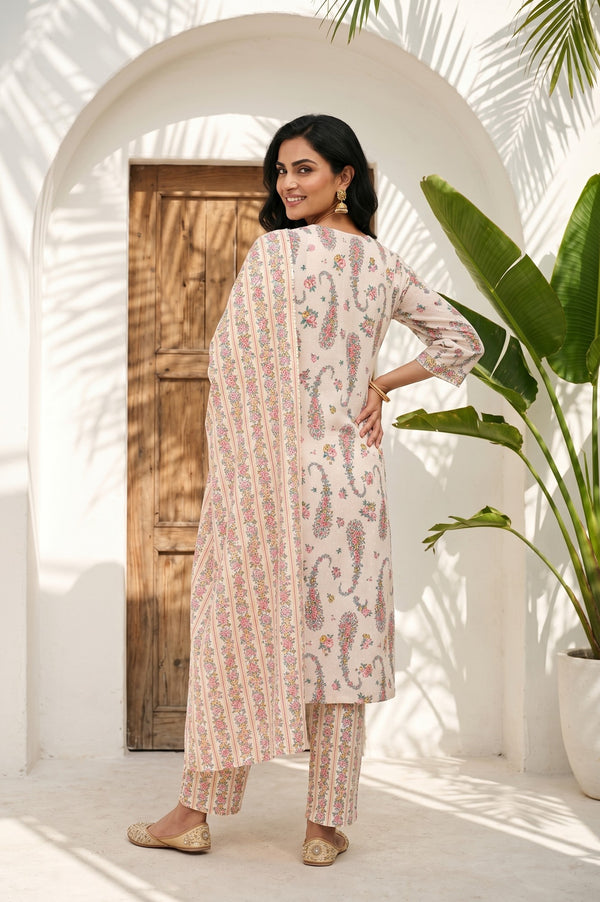 Cream Floral Printed Cotton Blend Straight Kurta With Palazzo And Dupatta Set