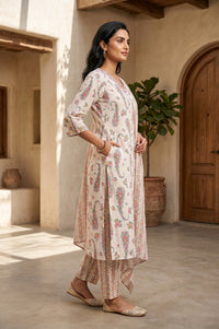 Cream Floral Printed Cotton Blend Straight Kurta With Palazzo And Dupatta Set