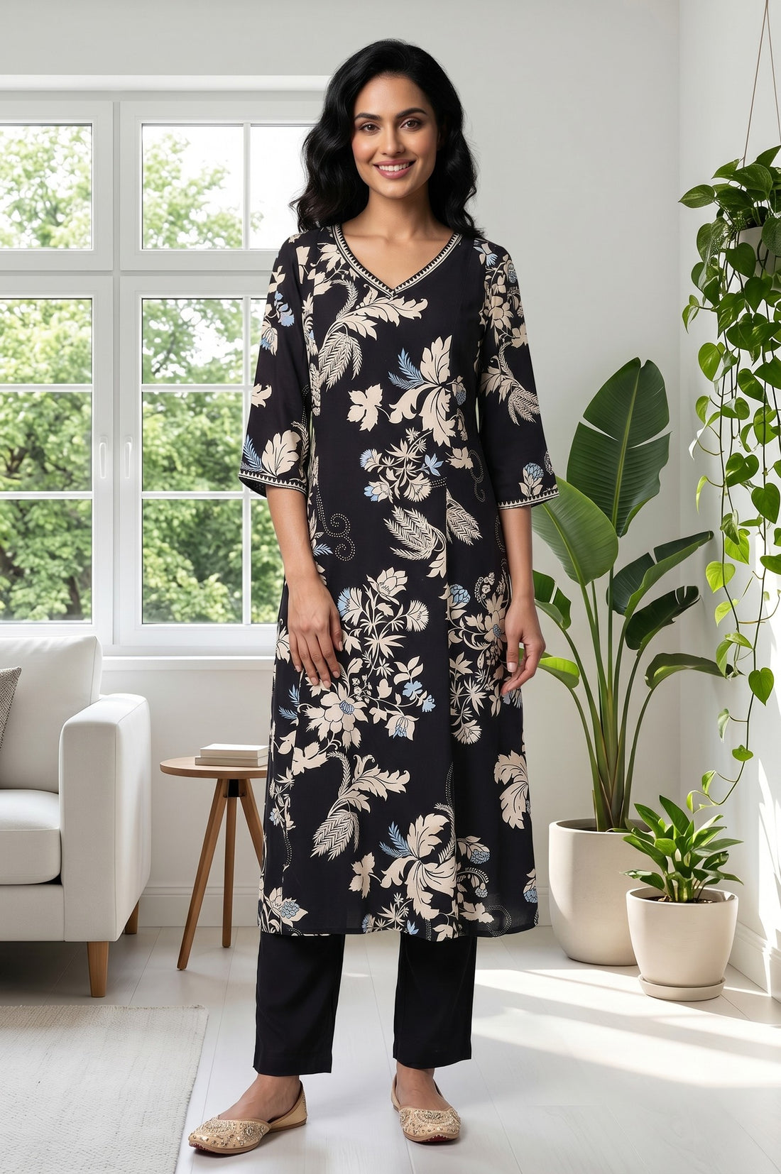 Black Floral Printed A-line Kurta With Palazzo Co-ord Set