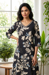 Black Floral Printed A-line Kurta With Palazzo Co-ord Set