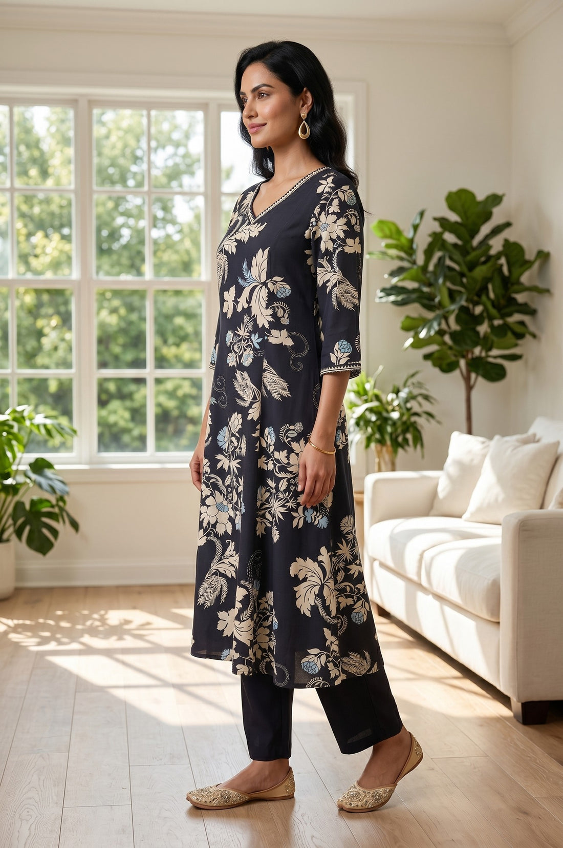 Black Floral Printed A-line Kurta With Palazzo Co-ord Set