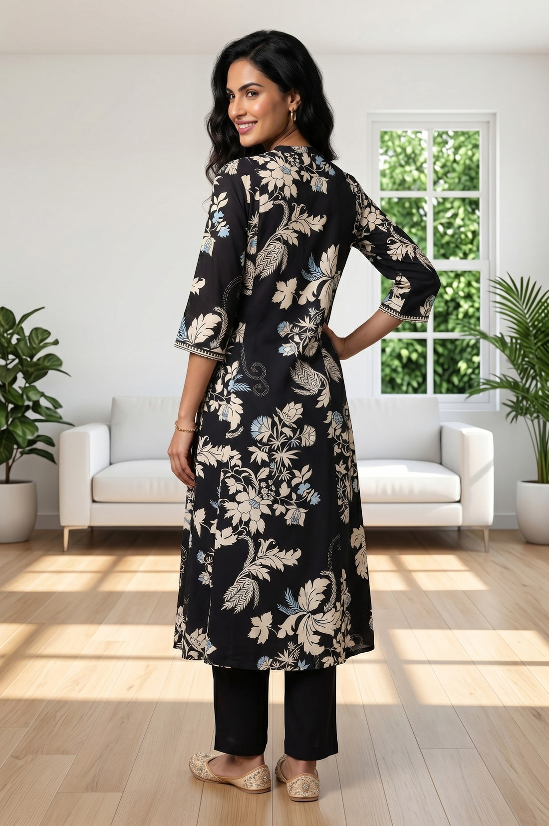 Black Floral Printed A-line Kurta With Palazzo Co-ord Set