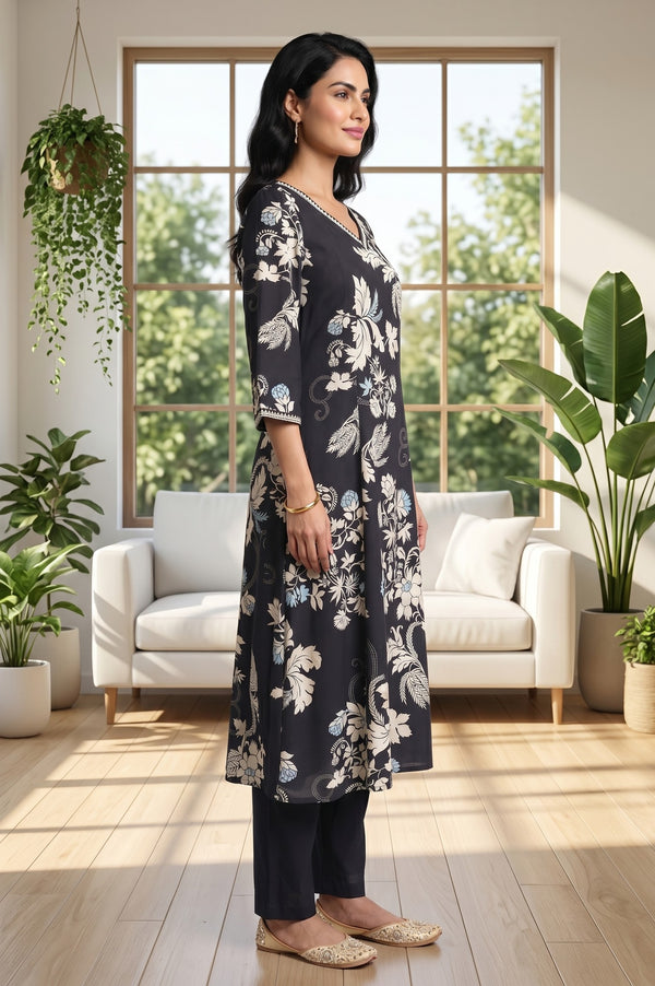Black Floral Printed A-line Kurta With Palazzo Co-ord Set