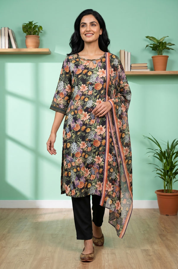 Black Floral Printed Rayon Straight Kurta With Palazzo and Stole Set