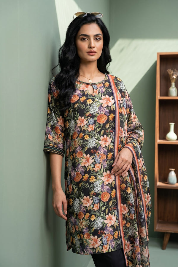 Black Floral Printed Rayon Straight Kurta With Palazzo and Stole Set