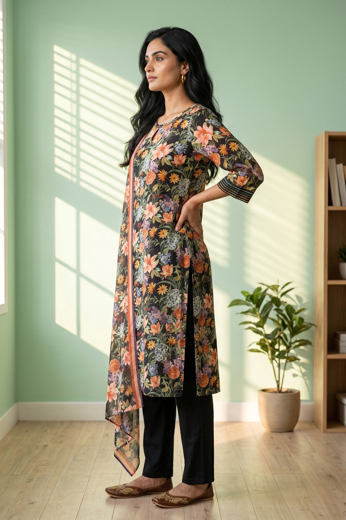 Black Floral Printed Rayon Straight Kurta With Palazzo and Stole Set
