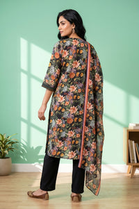 Black Floral Printed Rayon Straight Kurta With Palazzo and Stole Set