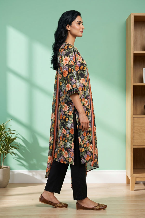 Black Floral Printed Rayon Straight Kurta With Palazzo and Stole Set