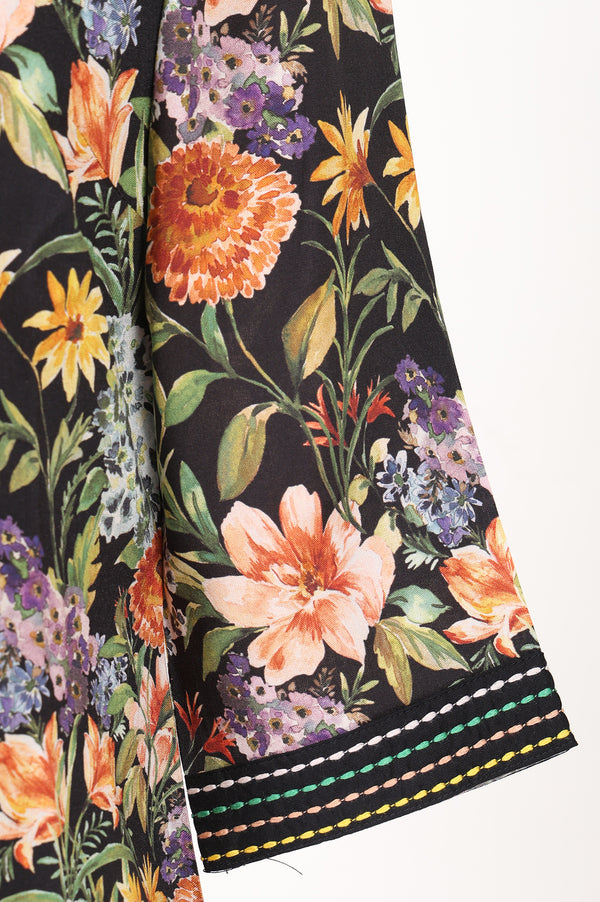 Black Floral Printed Rayon Straight Kurta With Palazzo and Stole Set
