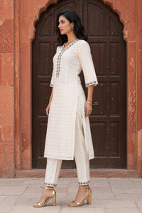 Off White Yarn Dyed Zari Chanderi Straight Kurta with Trouser Co-ord Set