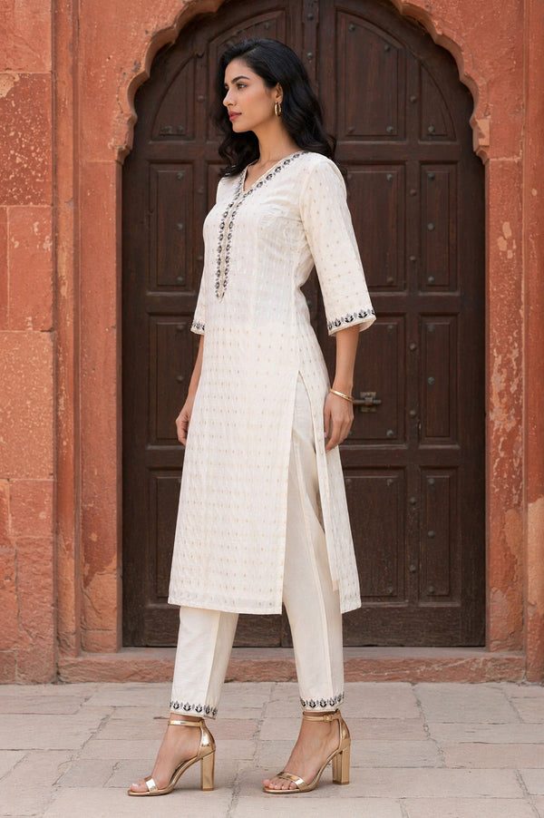 Off White Yarn Dyed Zari Chanderi Straight Kurta with Trouser Co-ord Set