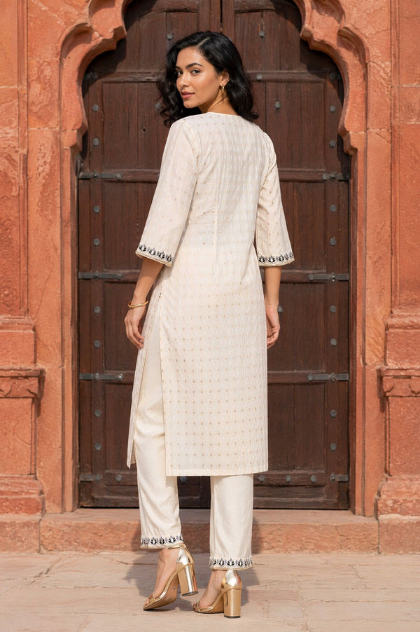 Off White Yarn Dyed Zari Chanderi Straight Kurta with Trouser Co-ord Set