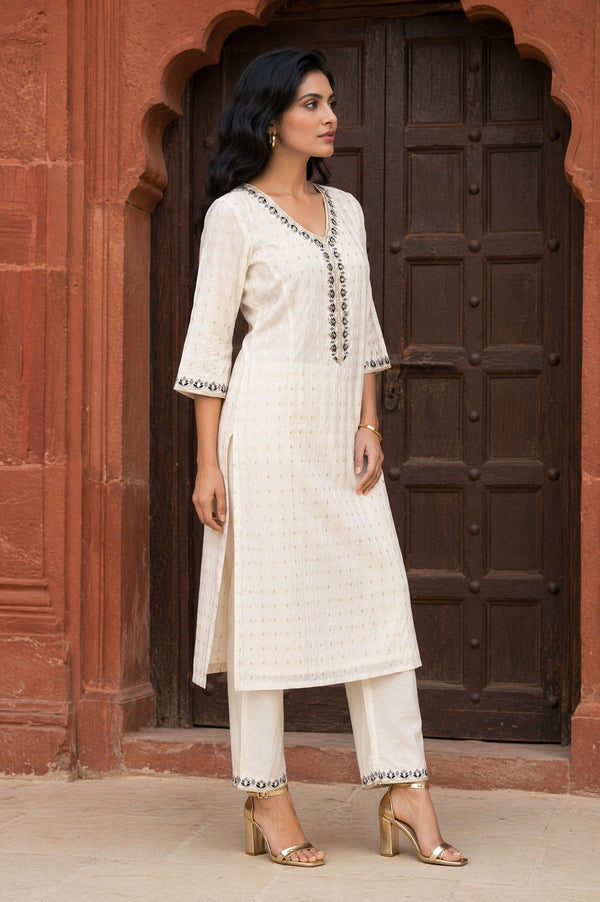 Off White Yarn Dyed Zari Chanderi Straight Kurta with Trouser Co-ord Set