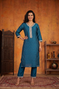 Teal Embroidered Chanderi Buti Straight Kurta with Trousers Set
