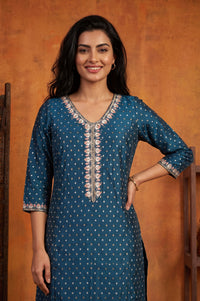 Teal Embroidered Chanderi Buti Straight Kurta with Trousers Set