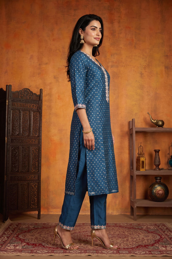 Teal Embroidered Chanderi Buti Straight Kurta with Trousers Set