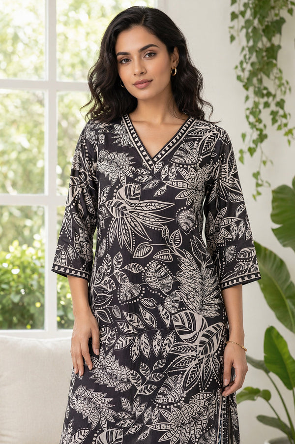 Aurelia Women's Black Botanical Printed Rayon Straight Kurta with Palazzo Set